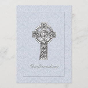 Invitation Croix bleue d'argent de damassé de confirmation