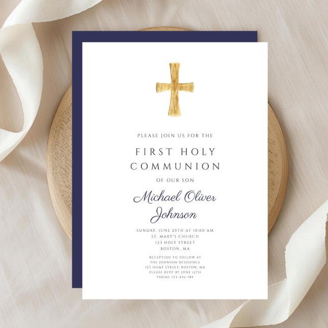 Invitation Croix Bleue de la marine moderne Première communio (Modern Navy Blue Cross Boy First Communion Invitation)