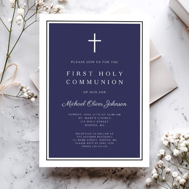 Invitation Croix Bleue de la marine moderne Première communio (Modern Navy Blue Cross Boy First Communion Invitation)