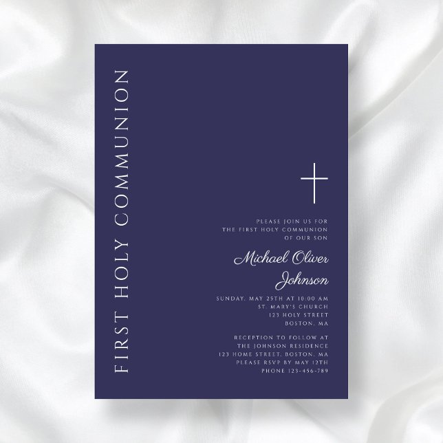 Invitation Croix Bleue de la Marine moderne Première communio (Modern Navy Blue Cross First Communion Invitation)
