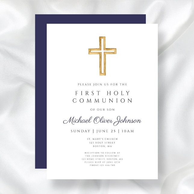 Invitation Croix Bleue de la marine moderne Première communio (Modern Navy Blue Cross Boy First Communion Invitation)