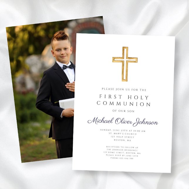 Invitation Croix Bleue de la Marine Photo Boy First Communion (Navy Blue Cross Photo Boy First Communion Invitation)
