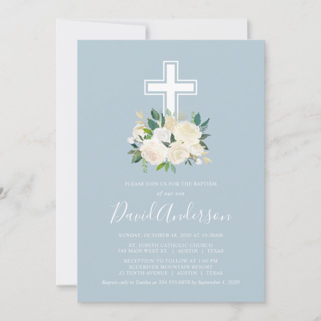 Invitation Croix Bleue Dusty aux fleurs de crème, baptême de  (Devant)