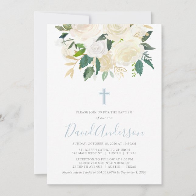 Invitation Croix Bleue Dusty aux fleurs de crème, Baptême de  (Devant)