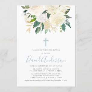 Invitation Croix Bleue Dusty aux fleurs de crème, baptême de 