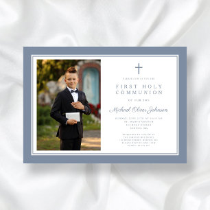 Invitation Croix Bleue Dusty moderne Boy Photo First Communio