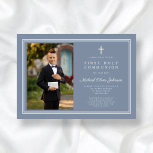 Invitation Croix Bleue Dusty moderne Photo Boy First Communio
