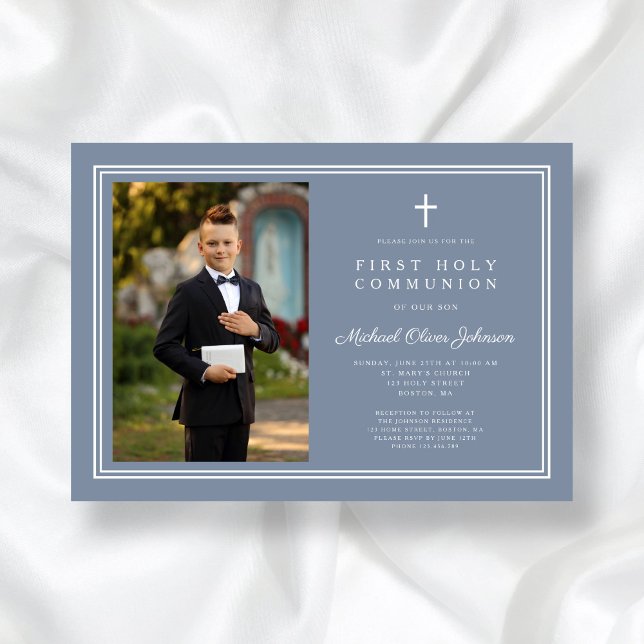 Invitation Croix Bleue Dusty moderne Photo Boy First Communio (Modern Dusty Blue Cross Photo Boy First Communion Invitation)