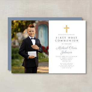 Invitation Croix Bleue Dusty Photo Boy First Communion