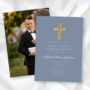 Invitation Croix Bleue Dusty Photo Boy First Communion