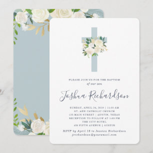 Invitation Croix bleue et fleurs blanches  Baptême de garçon