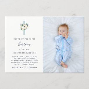 Invitation Croix bleue et fleurs blanches Photo Boy Baptism