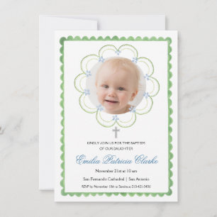 Invitation Croix Bleue Florale Vert Simple Baptême