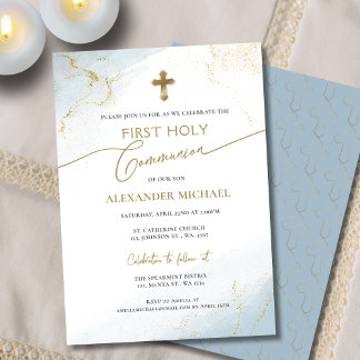 Invitation Croix Bleue Or Garçon Première Sainte Communion