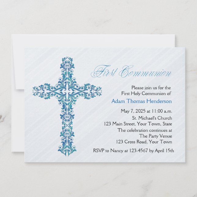 Invitation Croix Bleue Ornat, Première Communion (Devant)