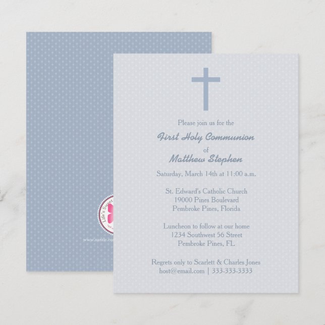 Invitation Croix Bleue Pastel Communion (Devant / Derrière)