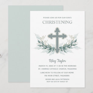 Invitation Croix Bleue Vert Christening