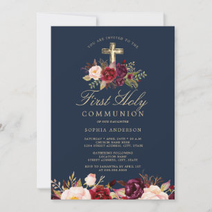Invitation Croix Bourgogne Navy Fille Première Communion