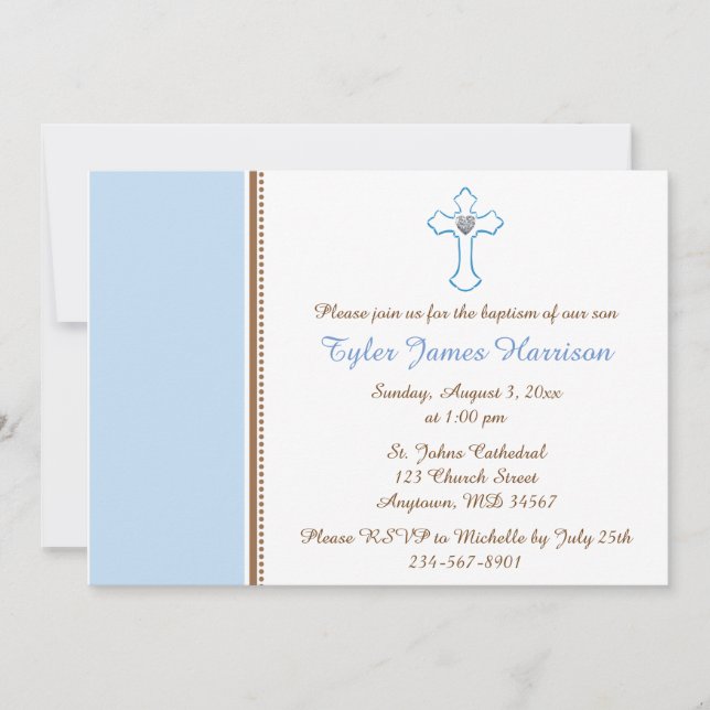Invitation Croix Brown bleue Bébé garçon Baptême / Christenin (Devant)