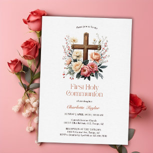 Invitation Croix catholique florale Première communion sainte