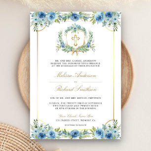 Invitation Croix catholique QR Code Mariage Floral Bleu Or