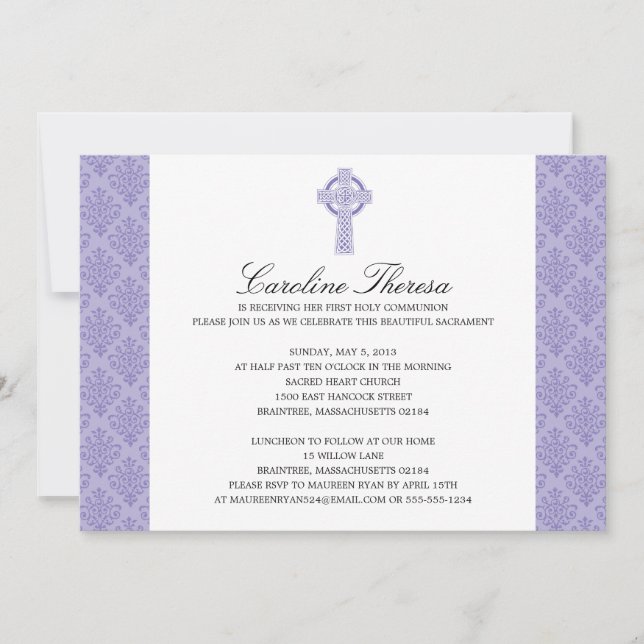 Invitation Croix celtique Damask Première communion (Devant)