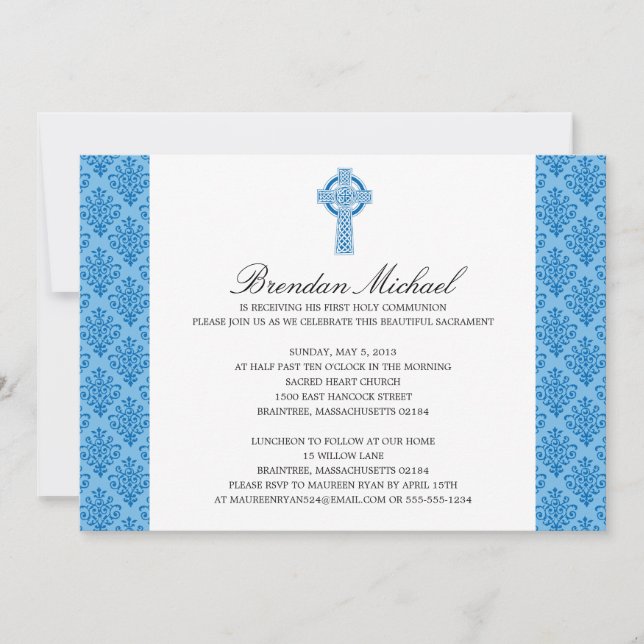 Invitation Croix celtique Damask Première communion (Devant)