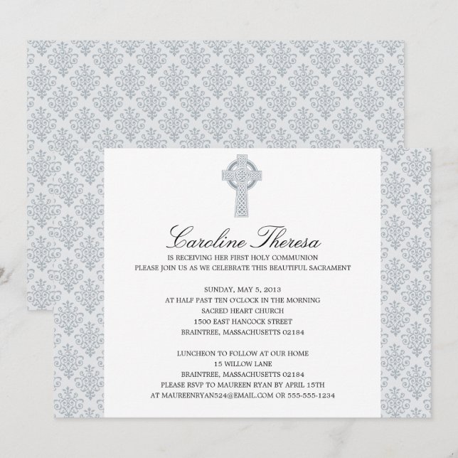 Invitation Croix celtique gris argenté Damask Première commun (Devant / Derrière)