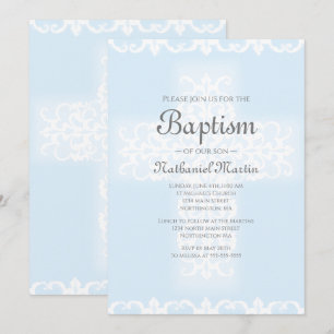 Invitation Croix chrétienne Baptême Garçon bleu Damas
