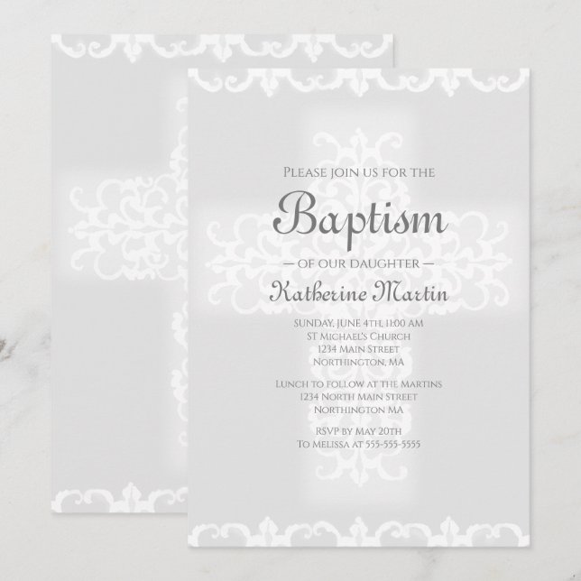 Invitation Croix chrétienne de Baptême Fille Damas gris (Devant / Derrière)