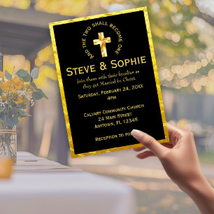 Invitation Croix chrétienne élégante en or noir de mariage