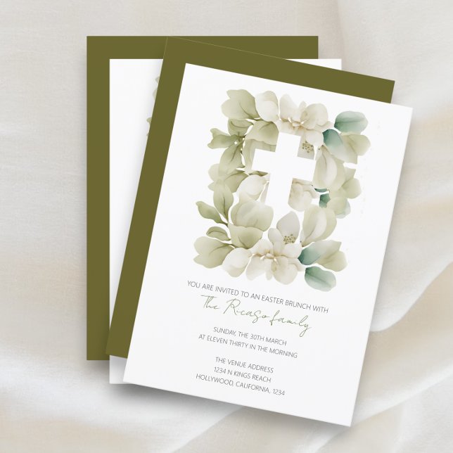 Invitation Croix chrétienne religieuse Feuilles de Pâques Bru (Religious Christian Cross Leaf Easter Brunch Invitations from Ricaso. easy to add your own text)