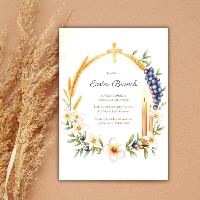 Invitation Croix chrétienne Wreath catholique Brunch de Pâque (Christian Cross Wreath Catholic Easter Brunch Invitation)