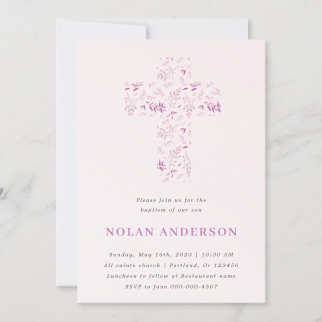 Invitation Croix d'aquarelle rose en calligraphie Baptême gar (Devant)