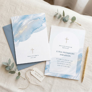 Invitation Croix d'arche en aquarelle bleue minimale Baptême