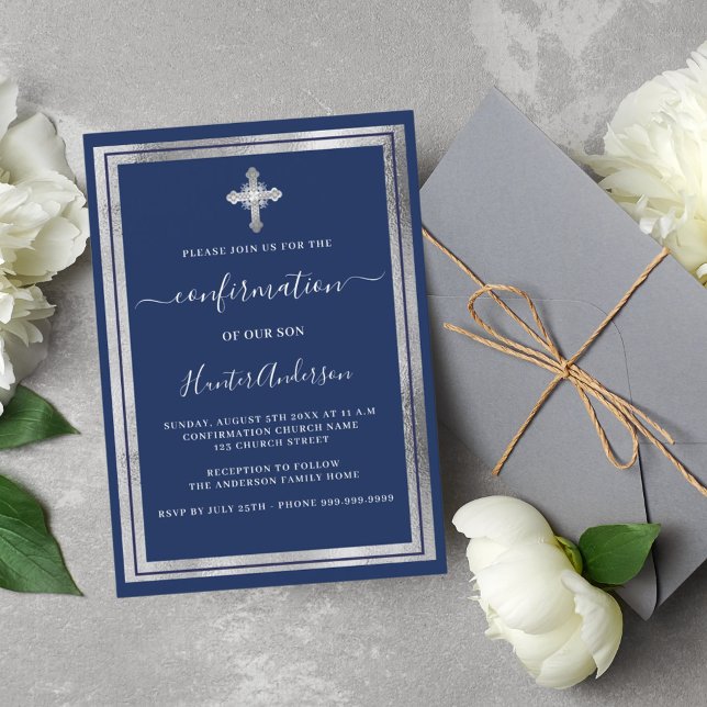 Invitation Croix d'argent bleu marine Confirmation (Créateur téléchargé)