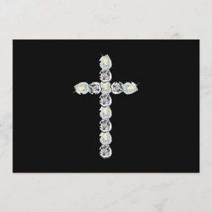 Invitation Croix d'argent et des roses blancs