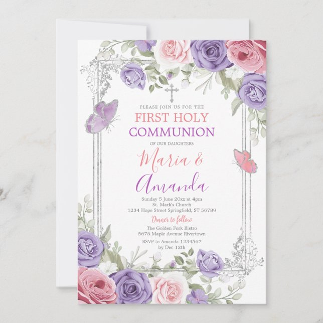 Invitation Croix d'argent violet Fleur rose 1ère sainte commu (Devant)