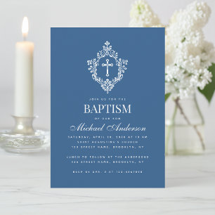 Invitation Croix de baptême bleu classique pour garçon dans u
