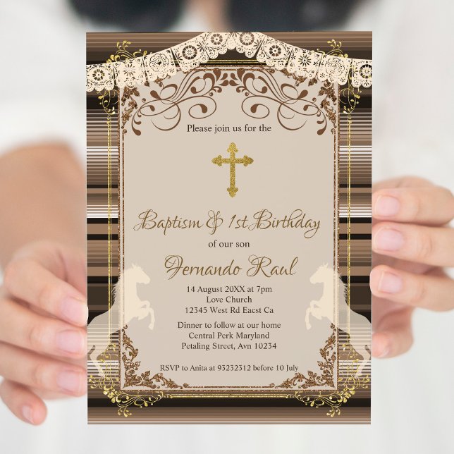 Invitation Croix de baptême Brown Fiesta et premier anniversa (Créateur téléchargé)
