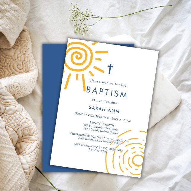 Invitation Croix de baptême du soleil rétro moderne (Modern Retro Sun Baptism Christening Cross Invitation)