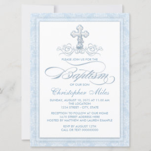 Invitation Croix de baptême en damas bleu