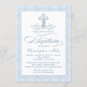 Invitation Croix de baptême en damas bleu