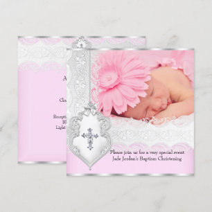 Invitation Croix de baptême rose blanc dentelle photo bijou f