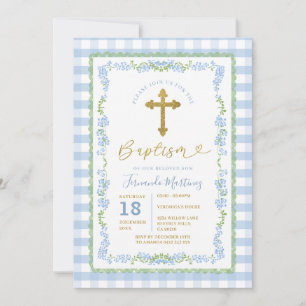 Invitation Croix de baptême vintage Grandmillénaire floral bl