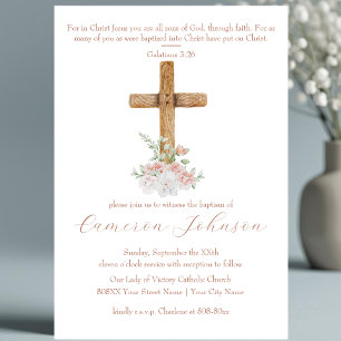 Invitation Croix de bois Fleurs blanches et bleues Baptême