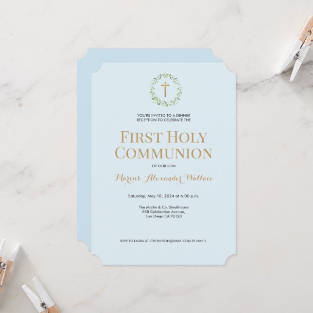 Invitation Croix de couronne d'or bleu Garçon Première commun (Devant/Arrière en situation)