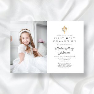 Invitation Croix de couronne florale Photo Girl First Communi