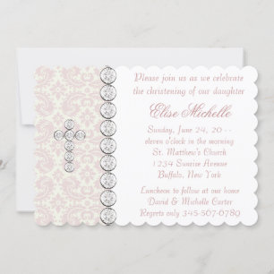 Invitation Croix de Damas de l'ivoire rose Bébée Christine