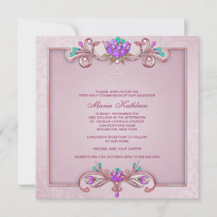 Invitation Croix de Damas rose pour filles Première Communion